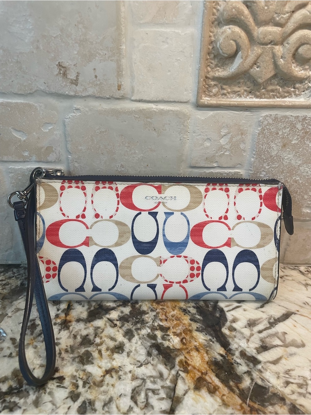 Coach Multicolor Signature Wristlet in Navy Red and Tan on Cream